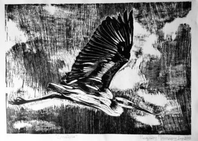 "Heron", 2018, Black and White Woodcut, Wood MDF, 30x42cm