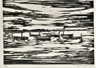 "Boats", Engraving on Linoleum, 15x 20 cm, 2021